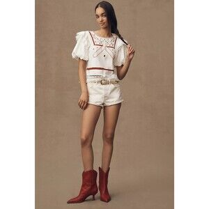 By Anthropologie Puff-Sleeve Cutwork Blouse Top Embroidered Cotton M NWD 280426